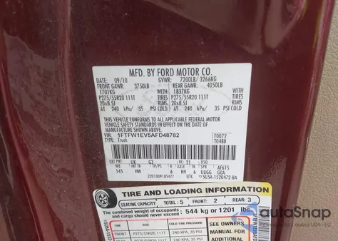 2010 Ford F-150 Fx4/Harley-Davidson/King Ranch/Lariat/Platinum/Xl/Xlt из США, поврежденный, VIN 1FTFW1EV5AFD48782